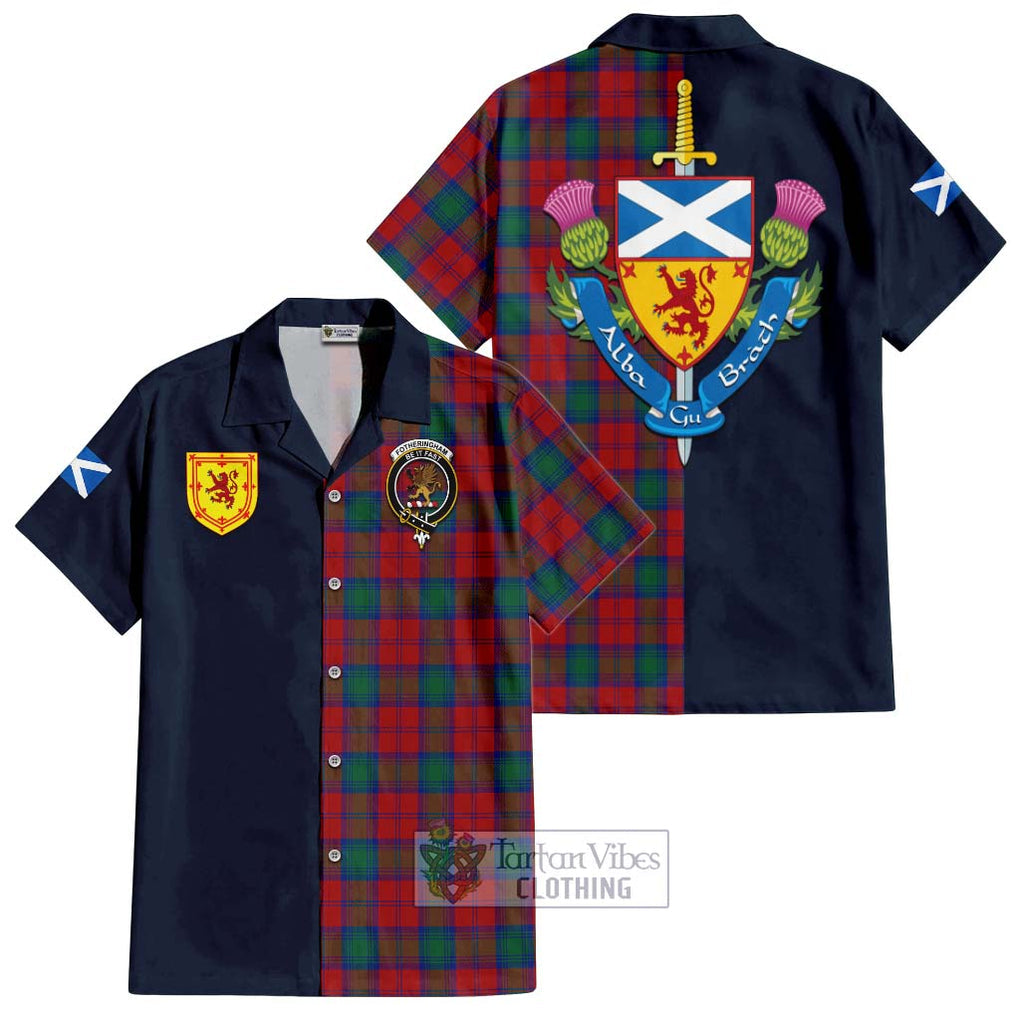 Tartan Vibes Clothing Fotheringham Tartan Short Sleeve Button Shirt with Scottish Lion Royal Arm Half Style