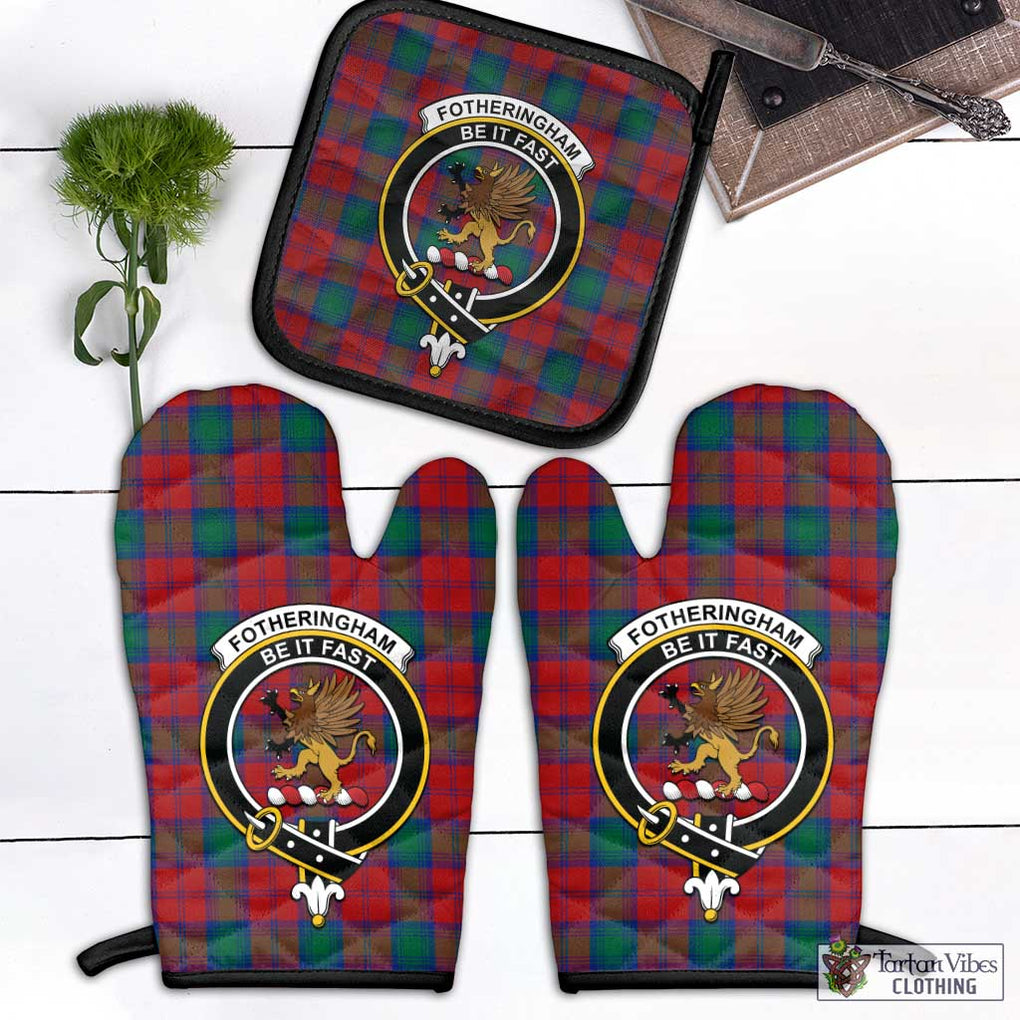 Fotheringham (Fotheringhame) Tartan Combo Oven Mitt & Pot-Holder with Family Crest Combo 1 Oven Mitt & 1 Pot-Holder Black - Tartan Vibes Clothing