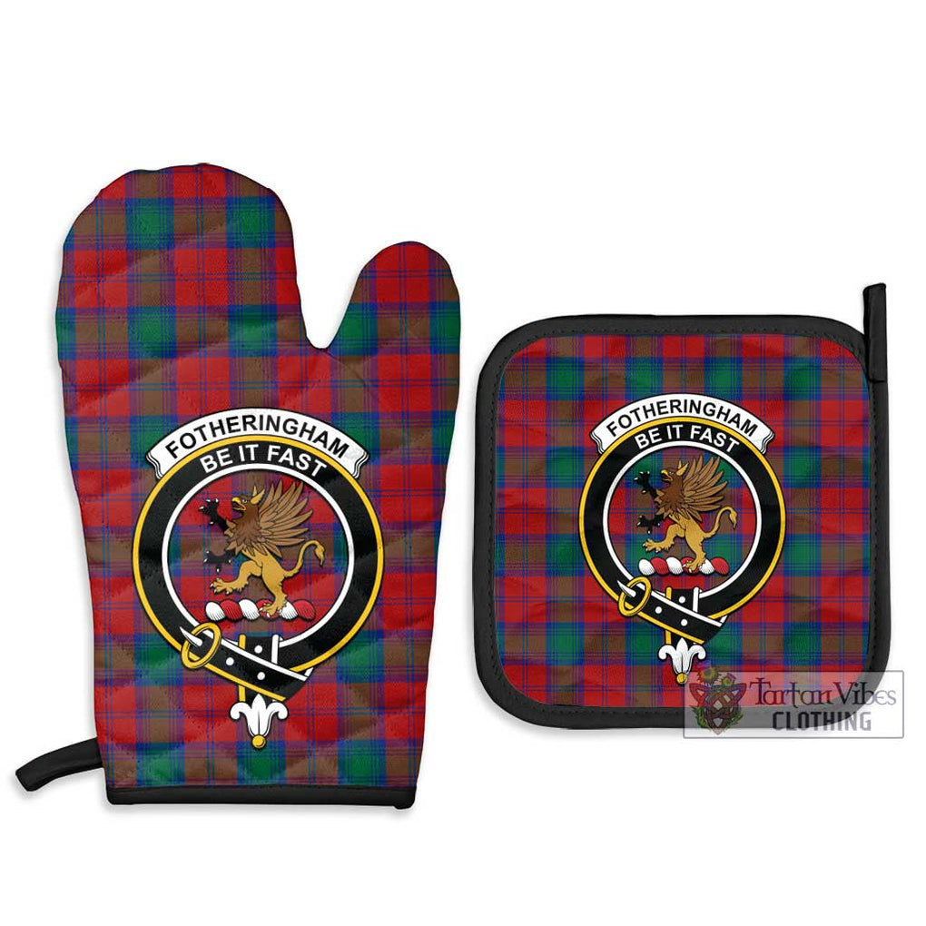 Fotheringham (Fotheringhame) Tartan Combo Oven Mitt & Pot-Holder with Family Crest Combo 1 Oven Mitt & 2 Pot-Holder Black - Tartan Vibes Clothing