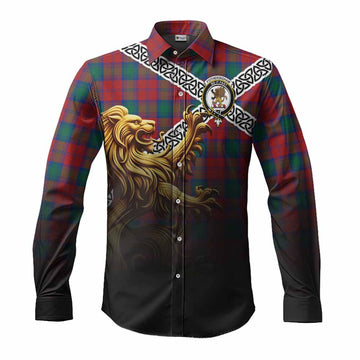 Fotheringham (Fotheringhame) Crest Tartan Long Sleeve Button Shirt with Golden Lion Emblem Celtic Style