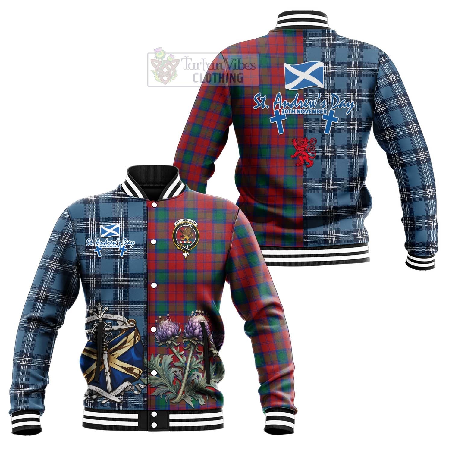 Tartan Vibes Clothing Fotheringham (Fotheringhame) Tartan Baseball Jacket Happy St. Andrew's Day Half Tartan Style