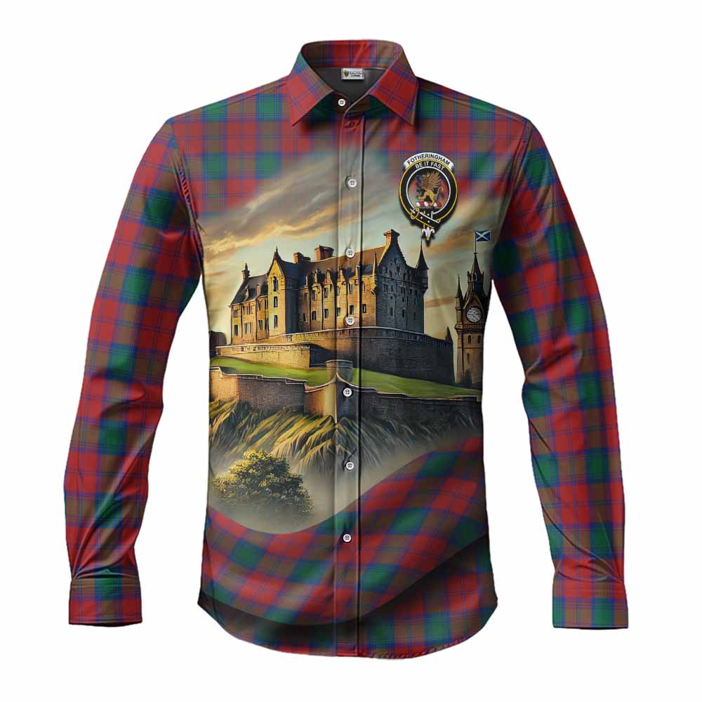 Tartan Vibes Clothing Fotheringham (Fotheringhame) Tartan Family Crest Long Sleeve Button Shirt with Scottish Ancient Castle Style