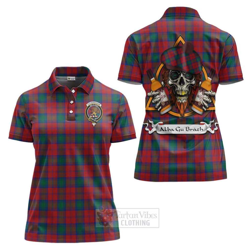 Tartan Vibes Clothing Fotheringham (Fotheringhame) Tartan Women's Polo Shirt with Family Crest and Bearded Skull Holding Bottles of Whiskey