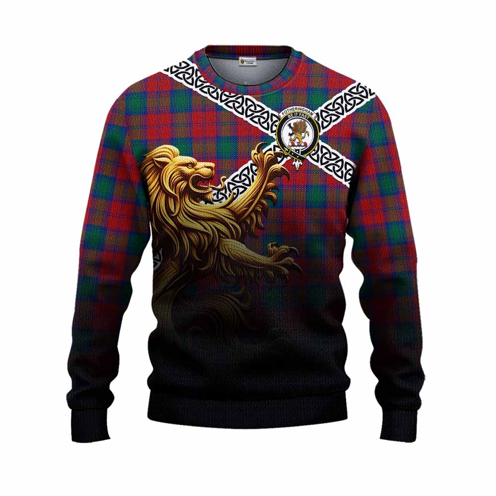 Tartan Vibes Clothing Fotheringham (Fotheringhame) Crest Tartan Knitted Sweater with Golden Lion Emblem Celtic Style