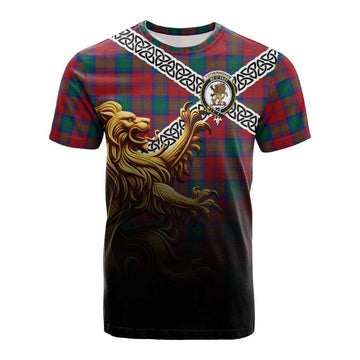 Fotheringham (Fotheringhame) Crest Tartan Cotton T-shirt with Golden Lion Emblem Celtic Style