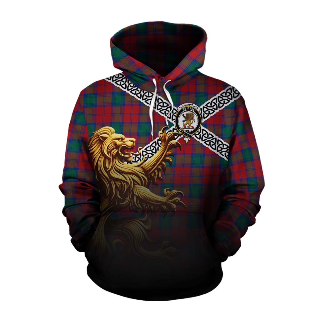 Tartan Vibes Clothing Fotheringham (Fotheringhame) Crest Tartan Cotton Hoodie with Golden Lion Emblem Celtic Style