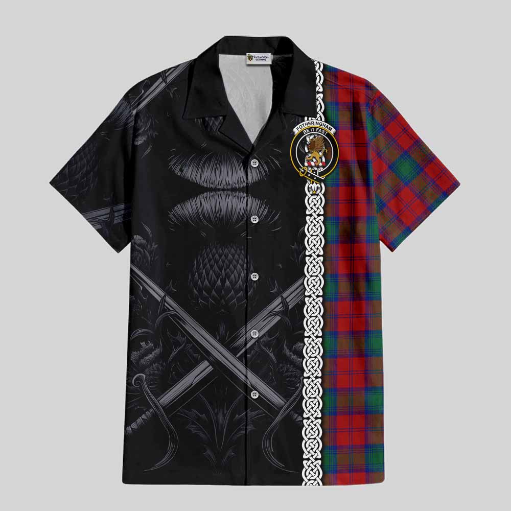 Tartan Vibes Clothing Fotheringham (Fotheringhame) Tartan Short Sleeve Button Shirt with Family Crest Cross Sword Thistle Celtic Vibes