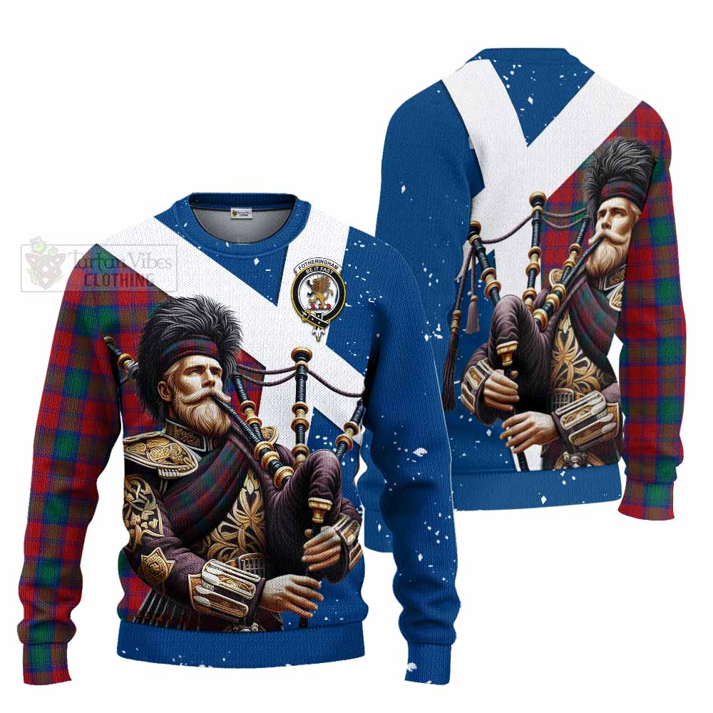 Tartan Vibes Clothing Fotheringham (Fotheringhame) Tartan Knitted Sweater with Family Crest Scottish Bagpiper Vibes