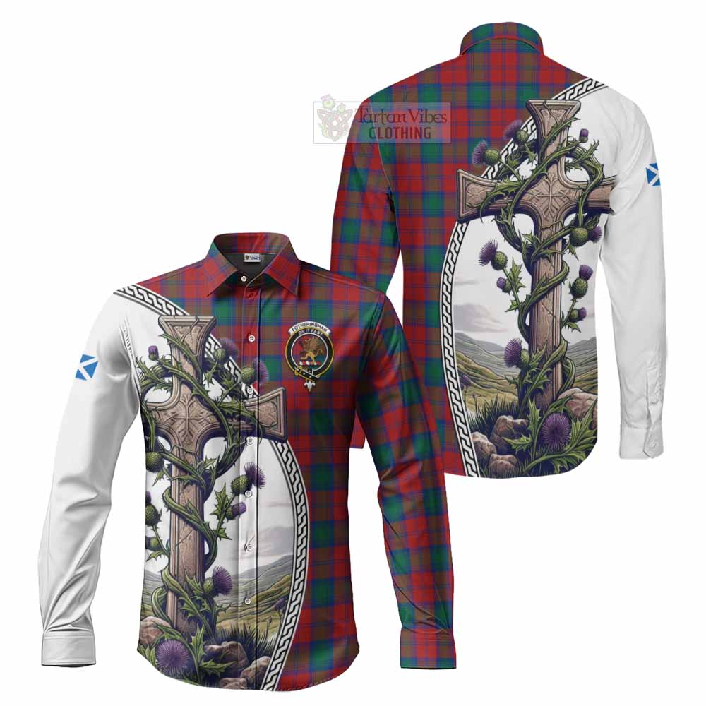 Tartan Vibes Clothing Fotheringham (Fotheringhame) Tartan Long Sleeve Button Shirt with Family Crest and St. Andrew's Cross Accented by Thistle Vines