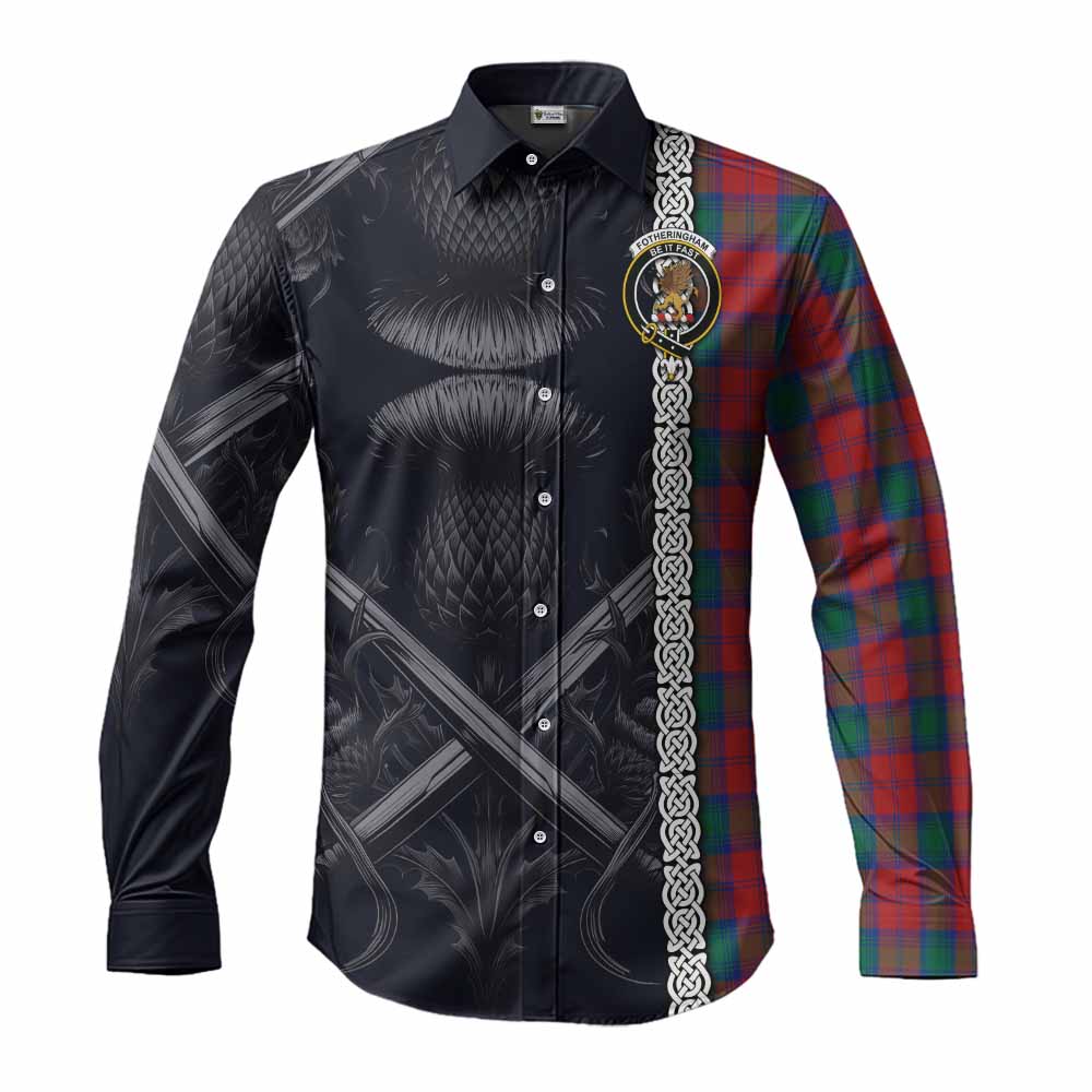 Tartan Vibes Clothing Fotheringham (Fotheringhame) Tartan Long Sleeve Button Shirt with Family Crest Cross Sword Thistle Celtic Vibes