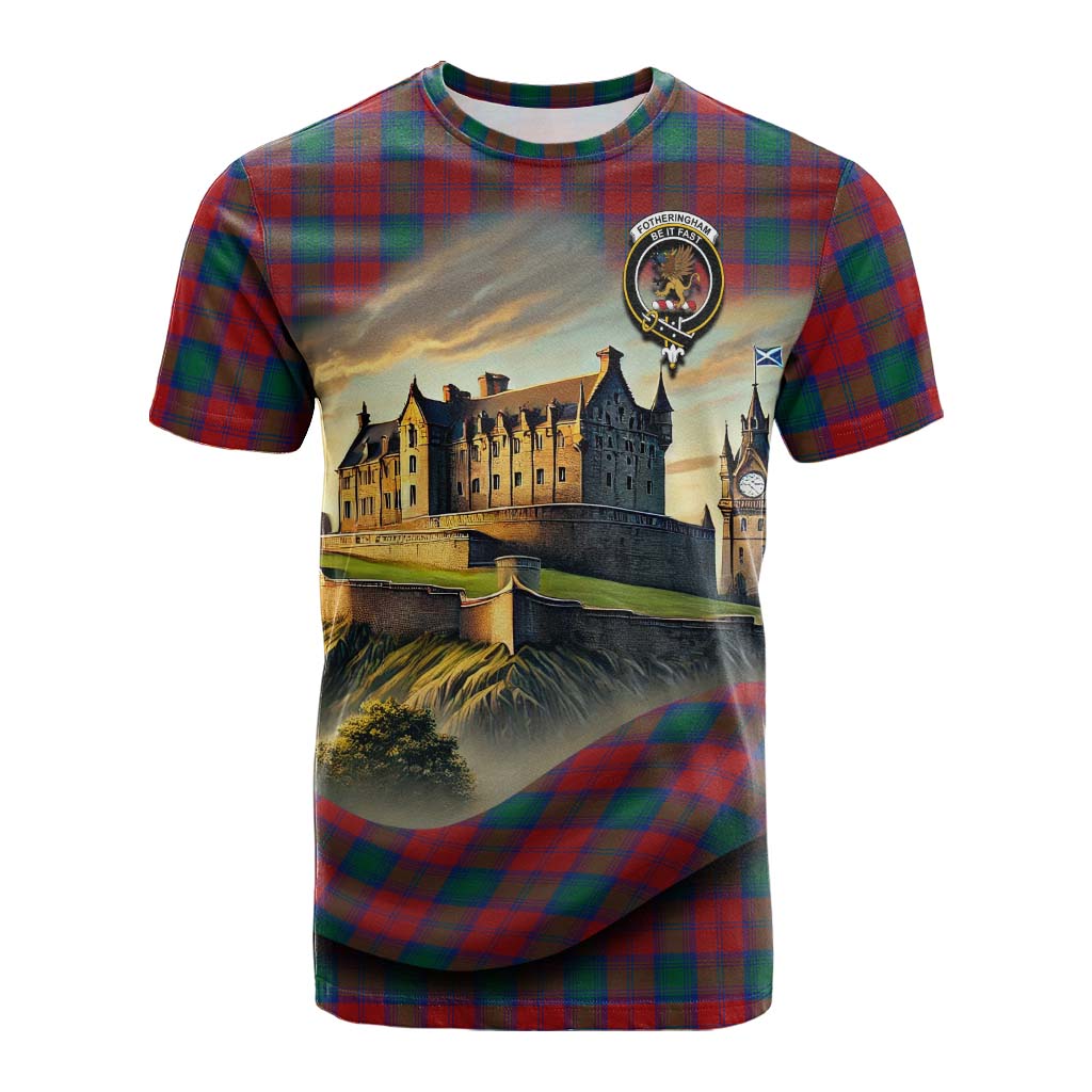 Tartan Vibes Clothing Fotheringham (Fotheringhame) Tartan Family Crest Cotton T-shirt with Scottish Ancient Castle Style