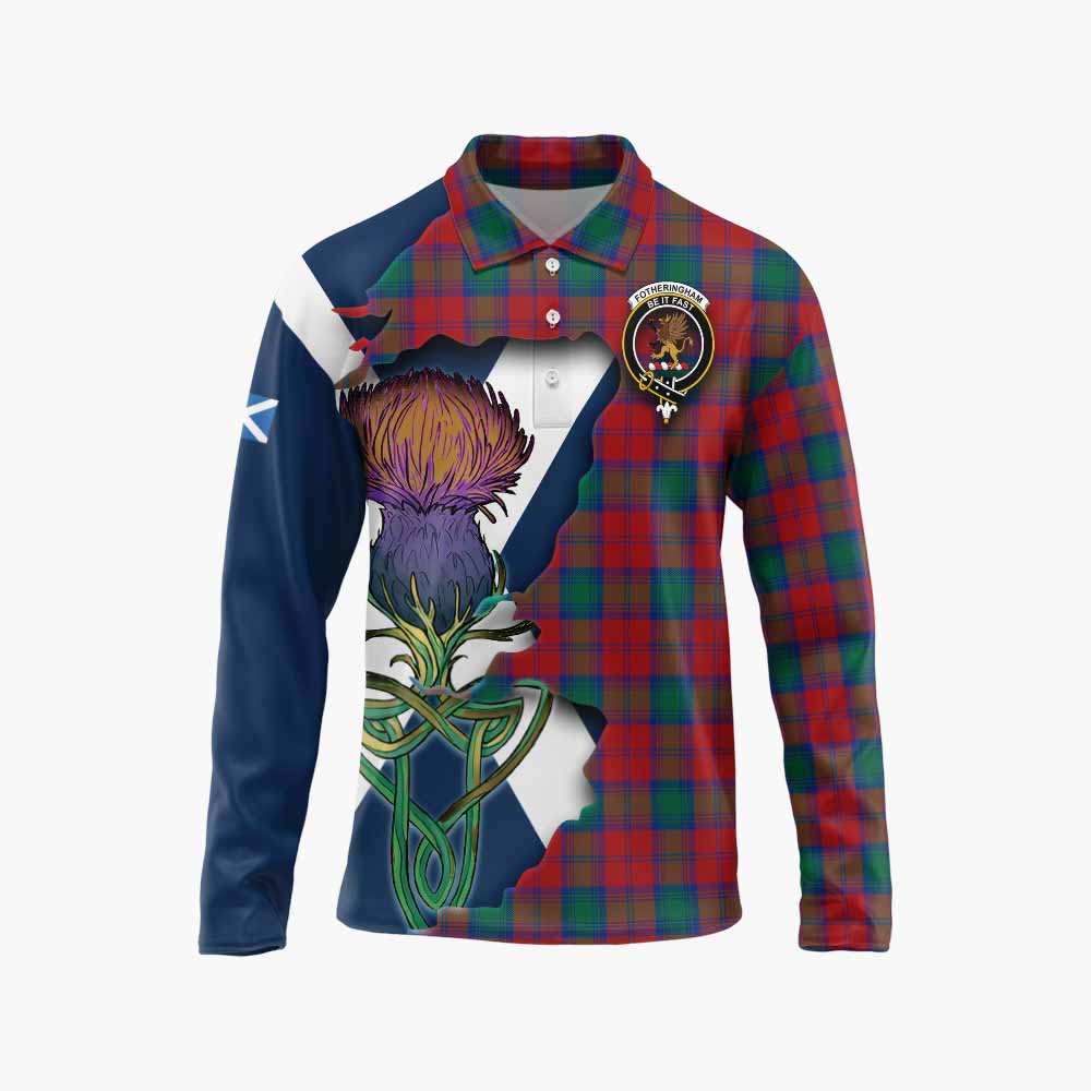 Tartan Vibes Clothing Fotheringham (Fotheringhame) Tartan Family Crest Long Sleeve Polo Shirt Scottish Thistle Celtic Inspired