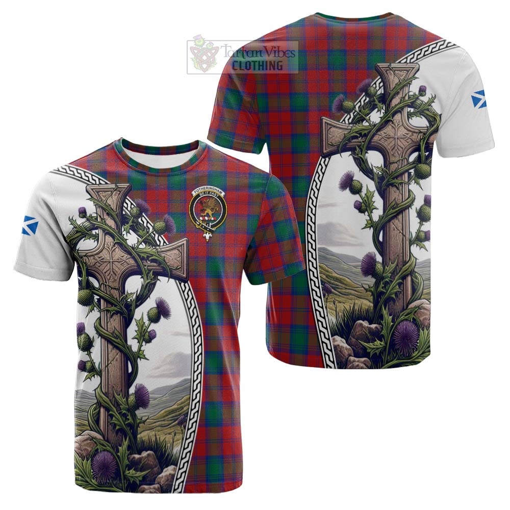 Tartan Vibes Clothing Fotheringham (Fotheringhame) Tartan Cotton T-shirt with Family Crest and St. Andrew's Cross Accented by Thistle Vines