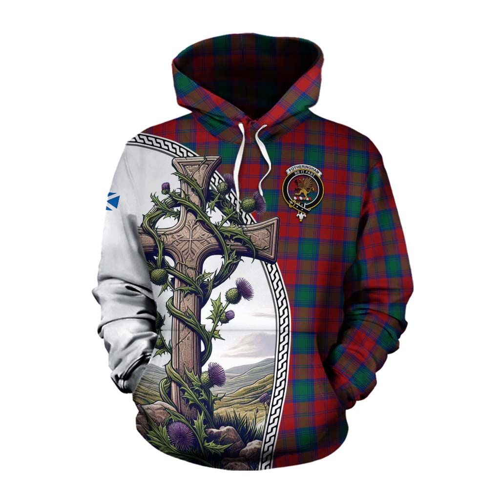 Tartan Vibes Clothing Fotheringham (Fotheringhame) Tartan Cotton Hoodie with Family Crest and St. Andrew's Cross Accented by Thistle Vines