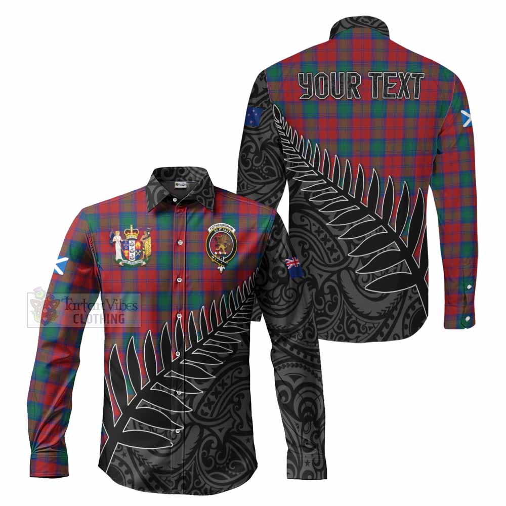 Tartan Vibes Clothing Fotheringham (Fotheringhame) Crest Tartan Long Sleeve Button Shirt with New Zealand Silver Fern Half Style