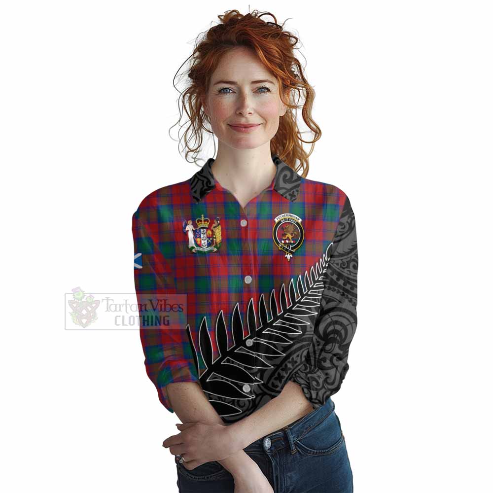 Tartan Vibes Clothing Fotheringham (Fotheringhame) Crest Tartan Women's Casual Shirt with New Zealand Silver Fern Half Style