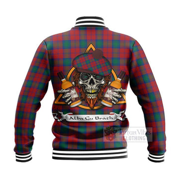 Tartan Vibes Clothing Fotheringham (Fotheringhame) Tartan Baseball Jacket with Family Crest and Bearded Skull Holding Bottles of Whiskey