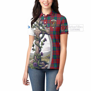 Tartan Vibes Clothing Fotheringham (Fotheringhame) Tartan Women's Polo Shirt with Family Crest and St. Andrew's Cross Accented by Thistle Vines