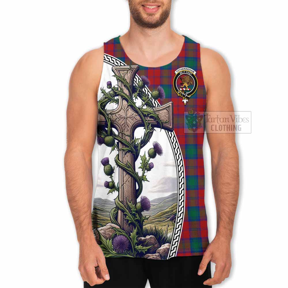 Tartan Vibes Clothing Fotheringham (Fotheringhame) Tartan Men's Tank Top with Family Crest and St. Andrew's Cross Accented by Thistle Vines