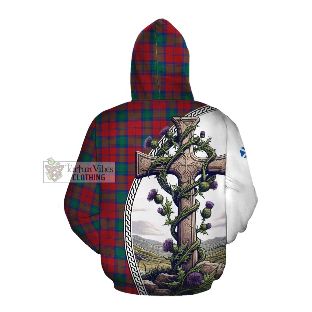 Tartan Vibes Clothing Fotheringham (Fotheringhame) Tartan Cotton Hoodie with Family Crest and St. Andrew's Cross Accented by Thistle Vines