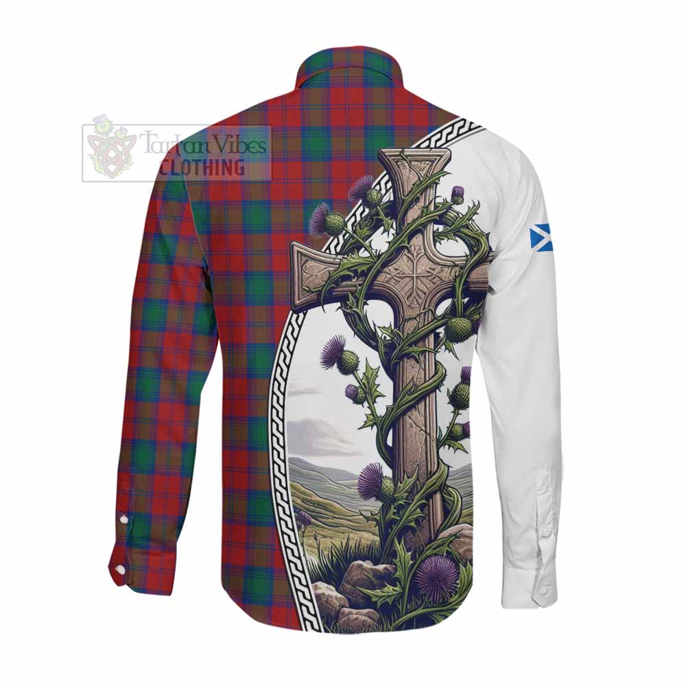 Tartan Vibes Clothing Fotheringham (Fotheringhame) Tartan Long Sleeve Button Shirt with Family Crest and St. Andrew's Cross Accented by Thistle Vines