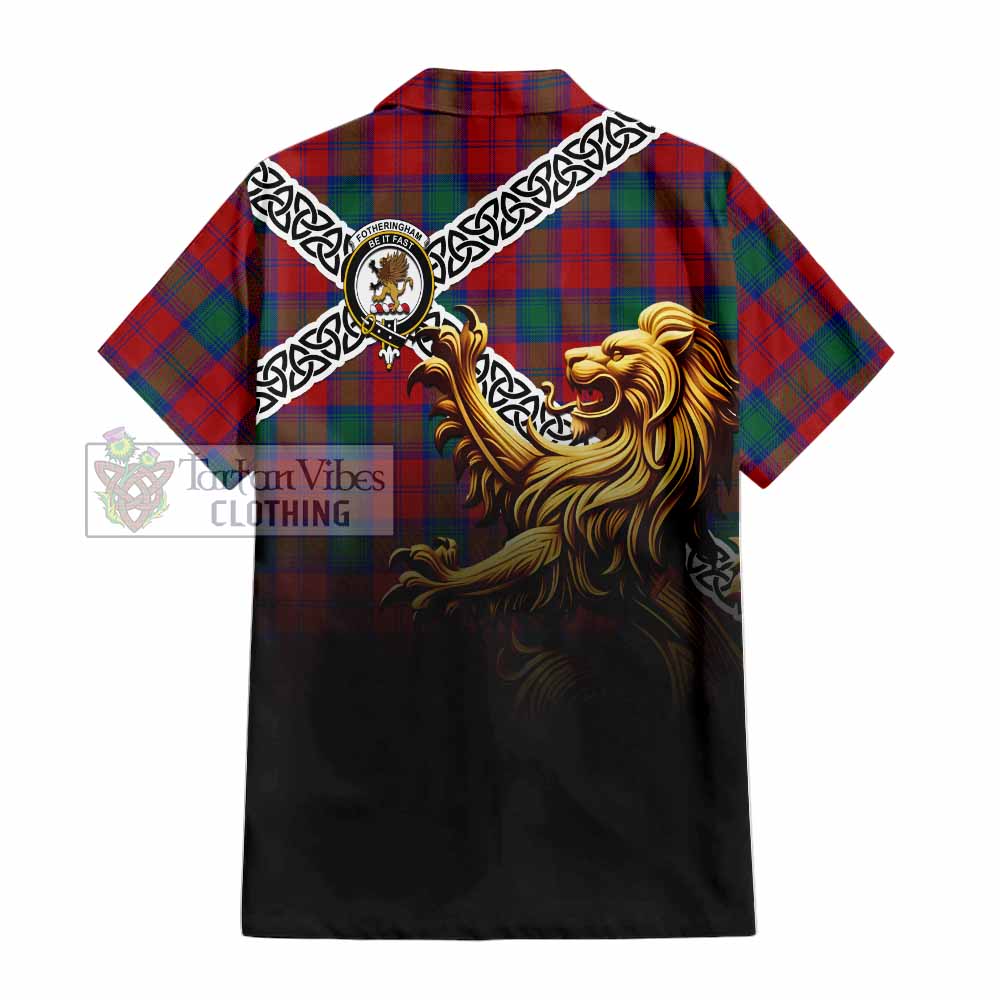 Tartan Vibes Clothing Fotheringham (Fotheringhame) Crest Tartan Short Sleeve Button Shirt with Golden Lion Emblem Celtic Style