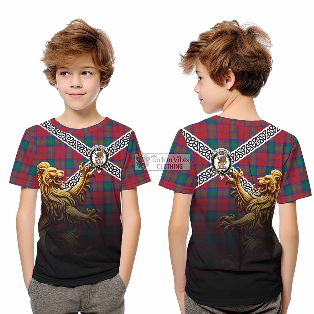 Tartan Vibes Clothing Fotheringham (Fotheringhame) Crest Tartan Kid T-Shirt with Golden Lion Emblem Celtic Style