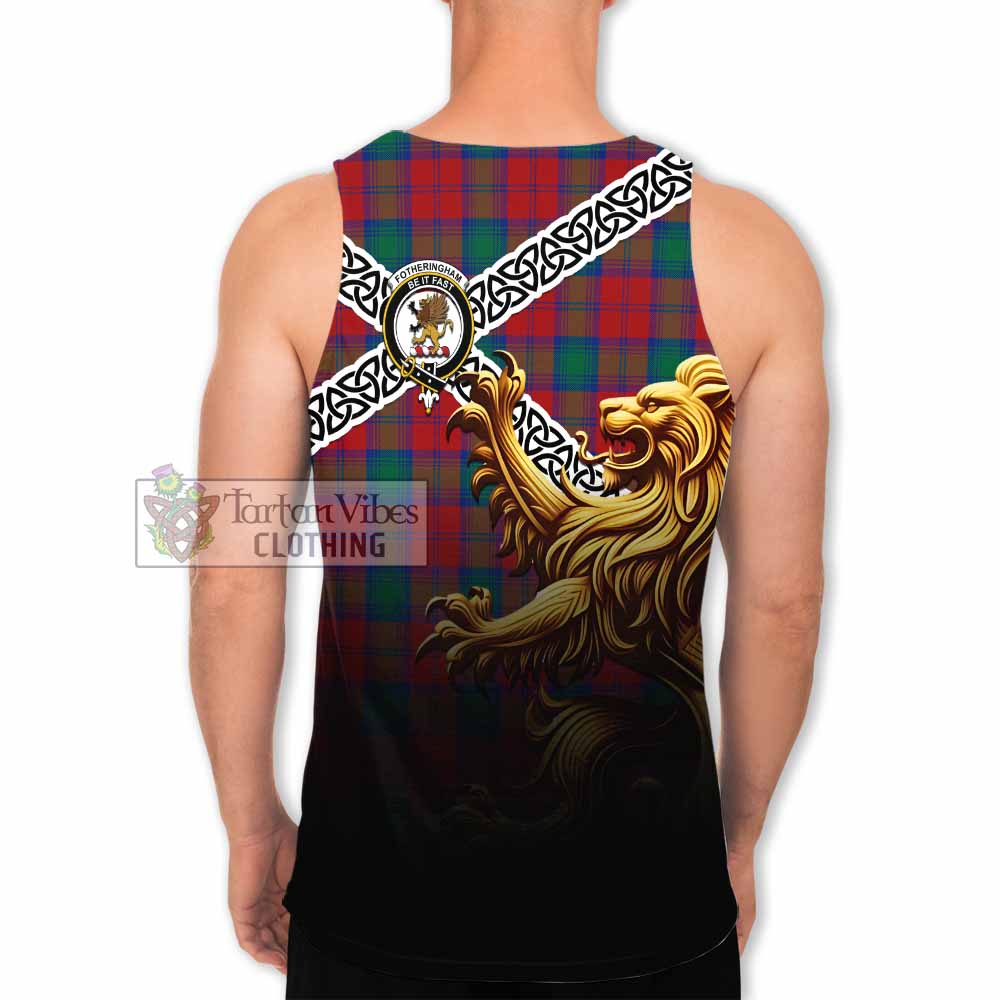 Tartan Vibes Clothing Fotheringham (Fotheringhame) Crest Tartan Men's Tank Top with Golden Lion Emblem Celtic Style