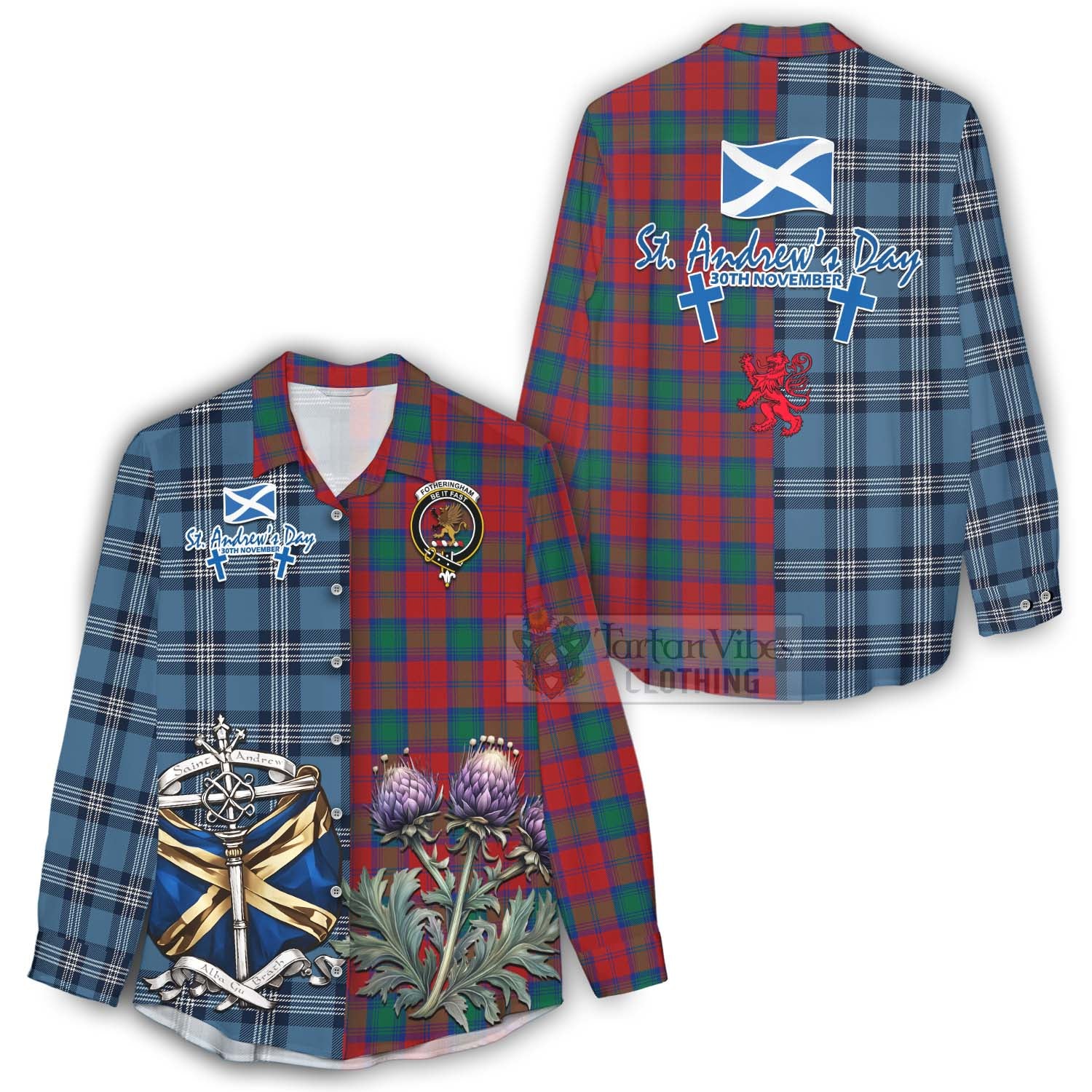 Tartan Vibes Clothing Fotheringham (Fotheringhame) Tartan Women's Casual Shirt Happy St. Andrew's Day Half Tartan Style