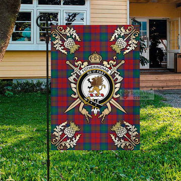 Tartan Vibes Clothing Fotheringham (Fotheringhame) Tartan Flag with Family Crest and Golden Thistle Crossed Sword Design