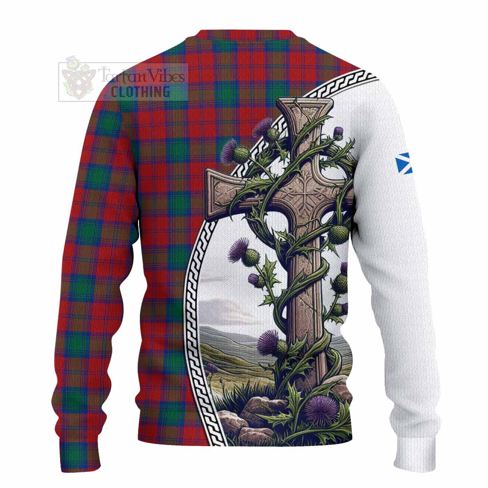 Tartan Vibes Clothing Fotheringham (Fotheringhame) Tartan Knitted Sweater with Family Crest and St. Andrew's Cross Accented by Thistle Vines