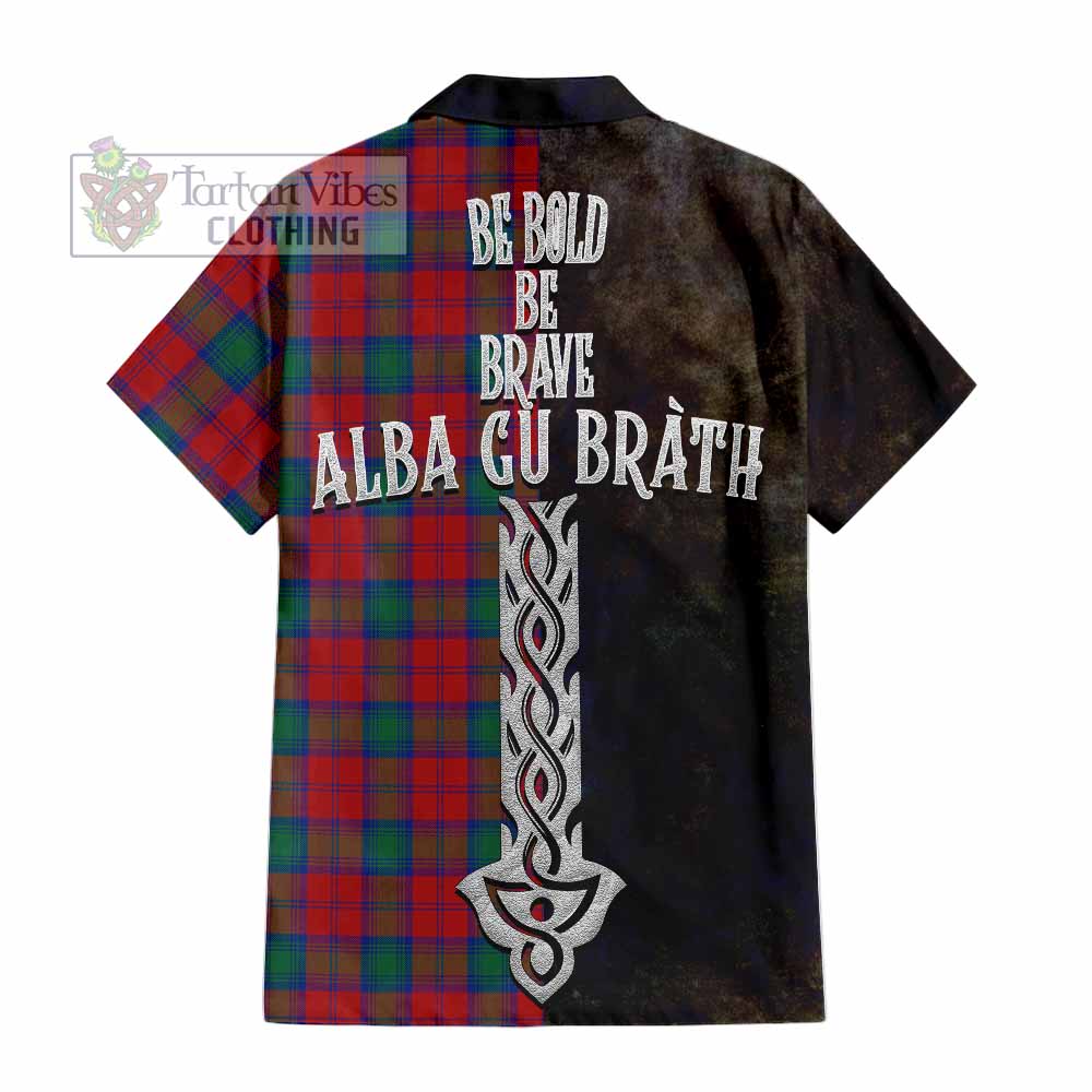 Tartan Vibes Clothing Fotheringham (Fotheringhame) Tartan Family Crest Short Sleeve Button Shirt Alba Gu Brath Be Brave Lion Ancient Style