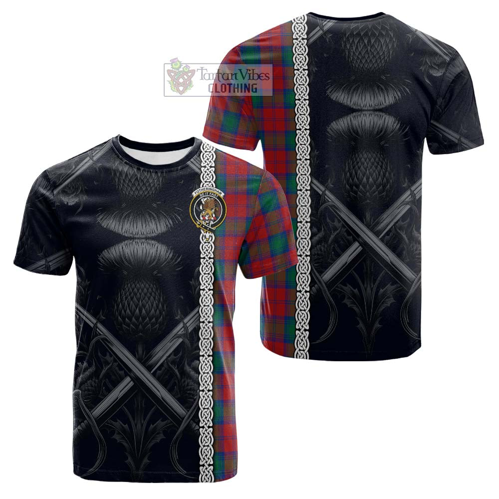 Tartan Vibes Clothing Fotheringham (Fotheringhame) Tartan Cotton T-shirt with Family Crest Cross Sword Thistle Celtic Vibes
