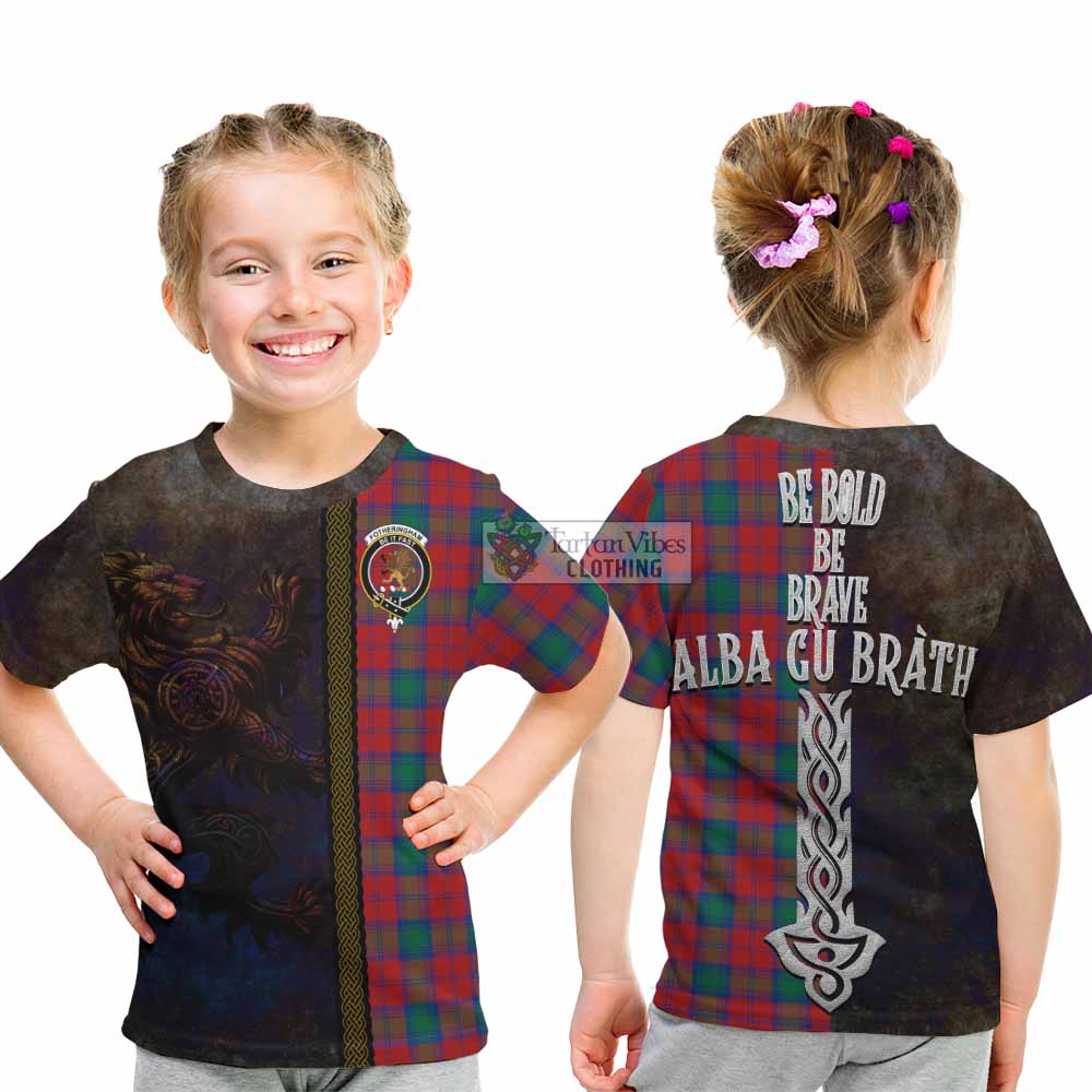 Tartan Vibes Clothing Fotheringham (Fotheringhame) Tartan Family Crest Kid T-Shirt Alba Gu Brath Be Brave Lion Ancient Style