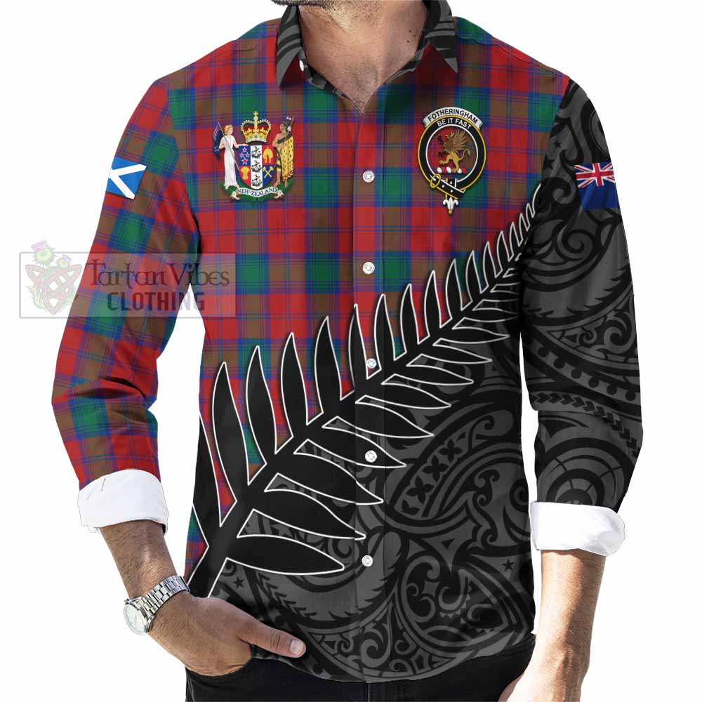 Tartan Vibes Clothing Fotheringham (Fotheringhame) Crest Tartan Long Sleeve Button Shirt with New Zealand Silver Fern Half Style