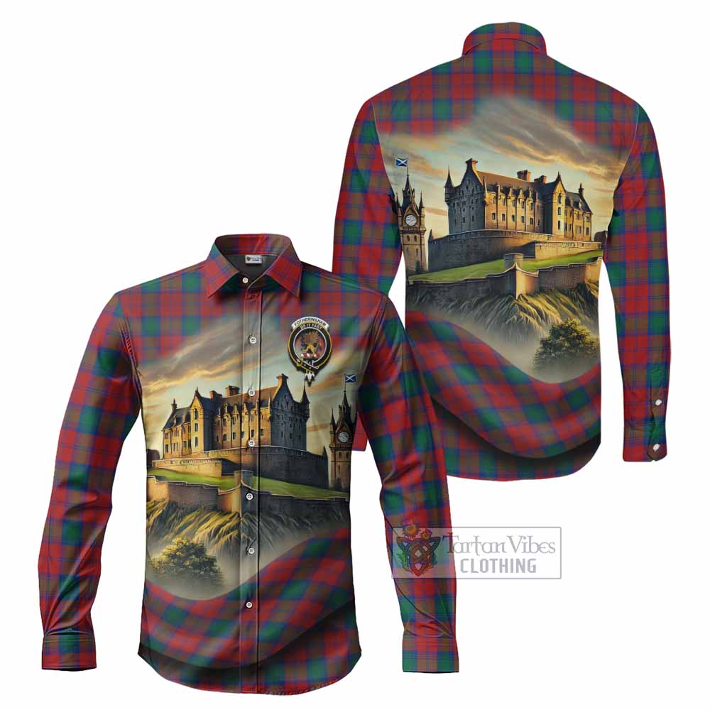 Tartan Vibes Clothing Fotheringham (Fotheringhame) Tartan Family Crest Long Sleeve Button Shirt with Scottish Ancient Castle Style