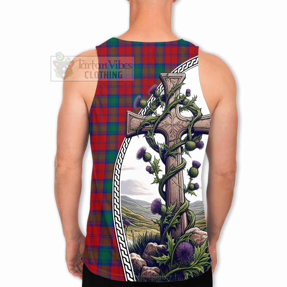 Tartan Vibes Clothing Fotheringham (Fotheringhame) Tartan Men's Tank Top with Family Crest and St. Andrew's Cross Accented by Thistle Vines