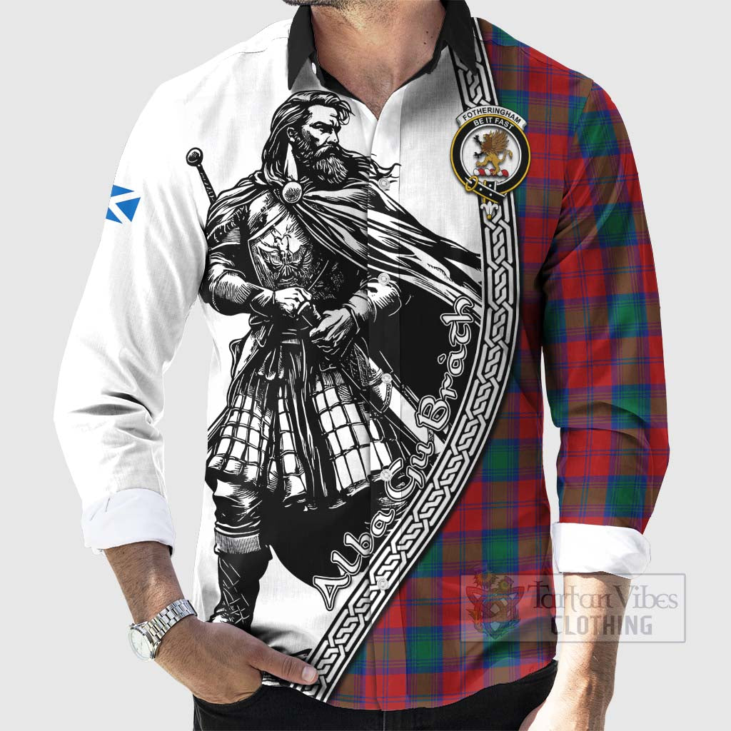 Tartan Vibes Clothing Fotheringham (Fotheringhame) Tartan Clan Crest Long Sleeve Button Shirt with Highlander Warrior Celtic Style