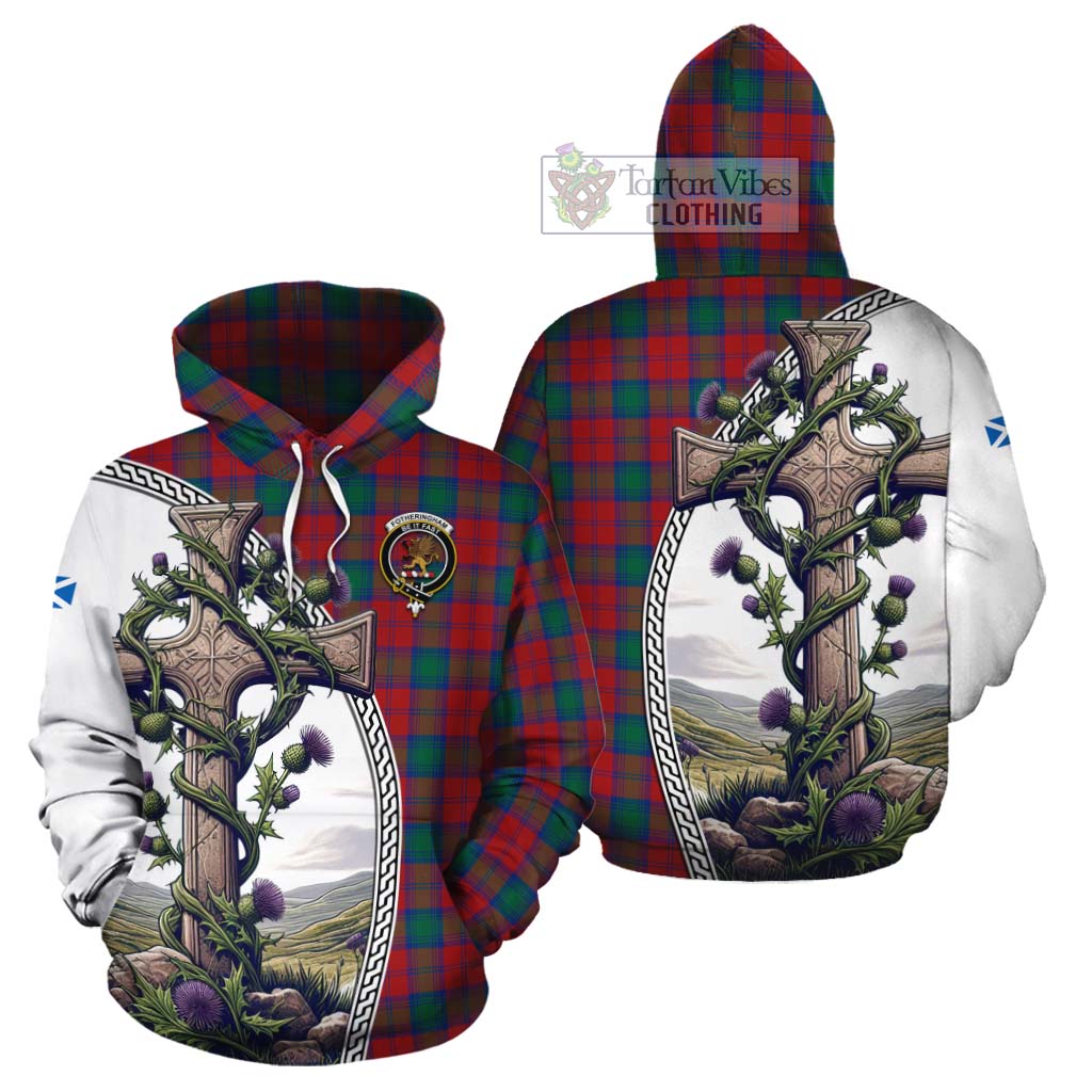 Tartan Vibes Clothing Fotheringham (Fotheringhame) Tartan Cotton Hoodie with Family Crest and St. Andrew's Cross Accented by Thistle Vines