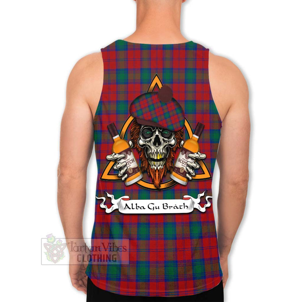 Tartan Vibes Clothing Fotheringham (Fotheringhame) Tartan Men's Tank Top with Family Crest and Bearded Skull Holding Bottles of Whiskey