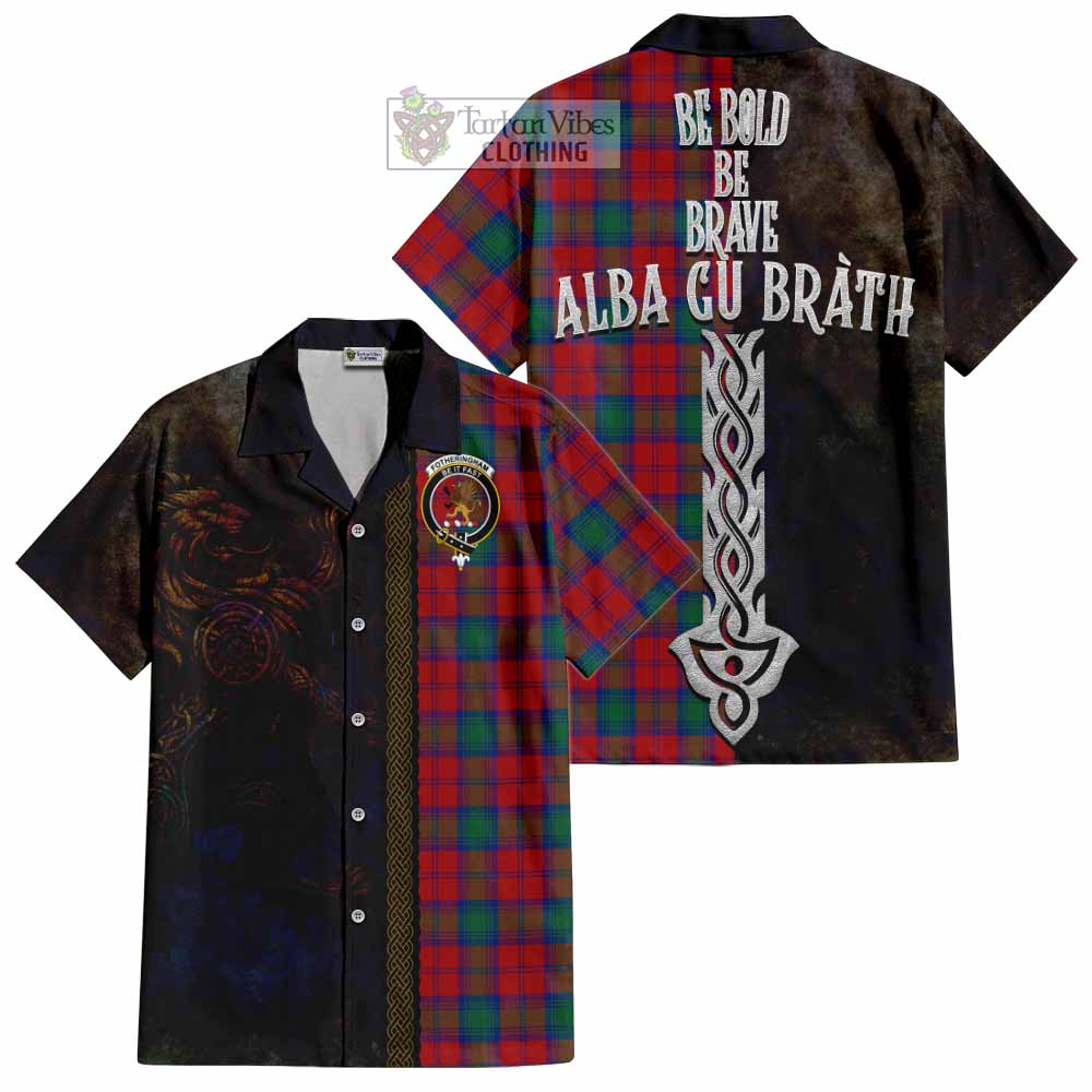 Tartan Vibes Clothing Fotheringham (Fotheringhame) Tartan Family Crest Short Sleeve Button Shirt Alba Gu Brath Be Brave Lion Ancient Style