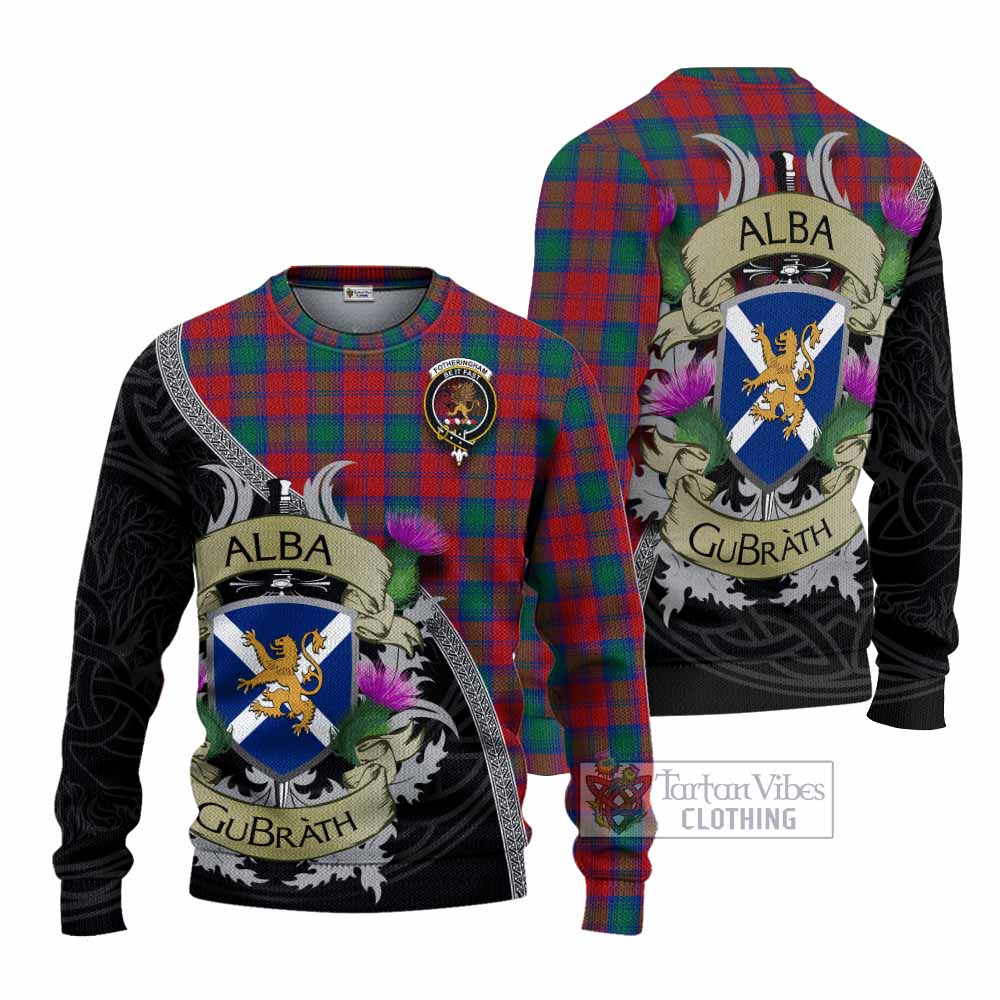 Tartan Vibes Clothing Fotheringham (Fotheringhame) Tartan Family Crest Knitted Sweater Lion Rampant Royal Thistle Shield Celtic Inspired