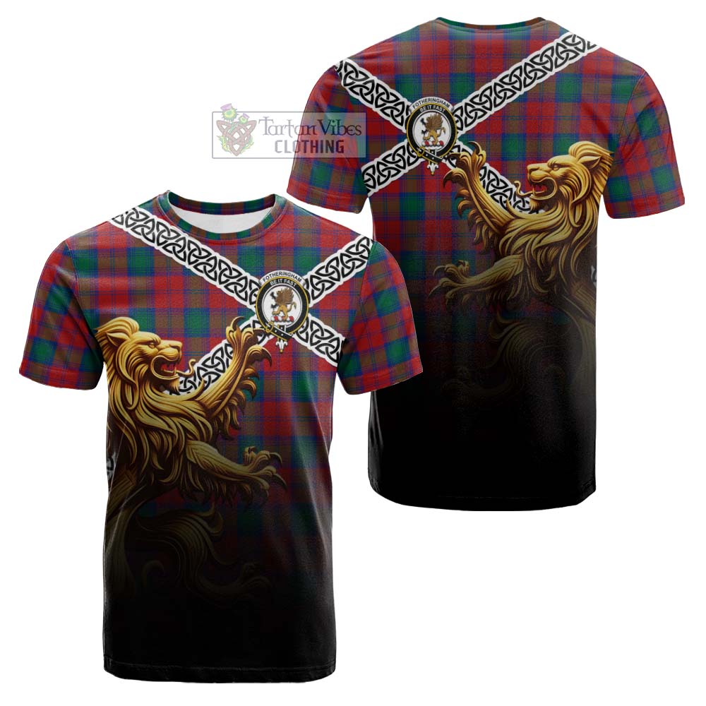 Tartan Vibes Clothing Fotheringham (Fotheringhame) Crest Tartan Cotton T-shirt with Golden Lion Emblem Celtic Style