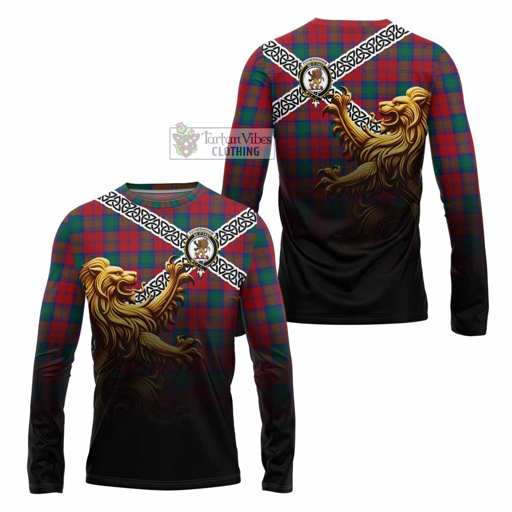 Tartan Vibes Clothing Fotheringham (Fotheringhame) Crest Tartan Long Sleeve T-Shirt with Golden Lion Emblem Celtic Style