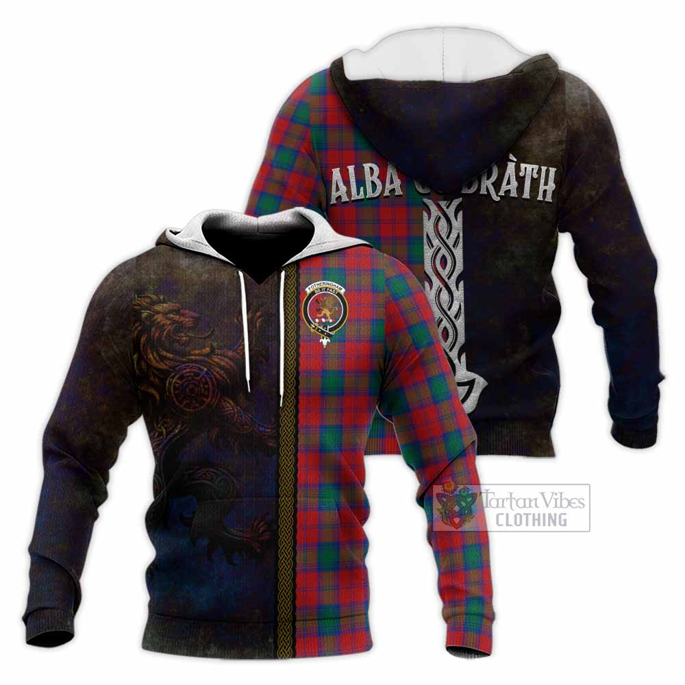 Tartan Vibes Clothing Fotheringham (Fotheringhame) Tartan Family Crest Knitted Hoodie Alba Gu Brath Be Brave Lion Ancient Style