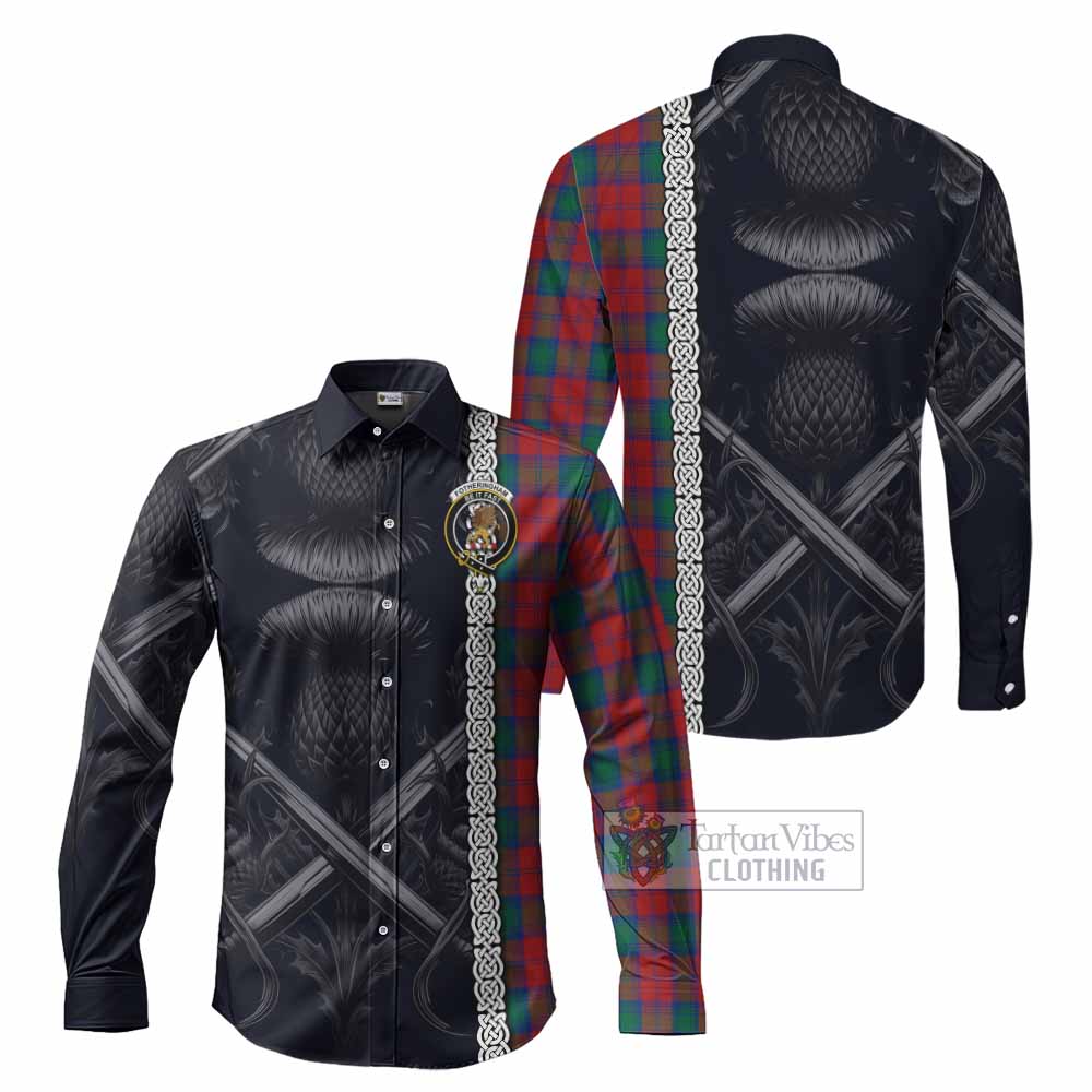 Tartan Vibes Clothing Fotheringham (Fotheringhame) Tartan Long Sleeve Button Shirt with Family Crest Cross Sword Thistle Celtic Vibes