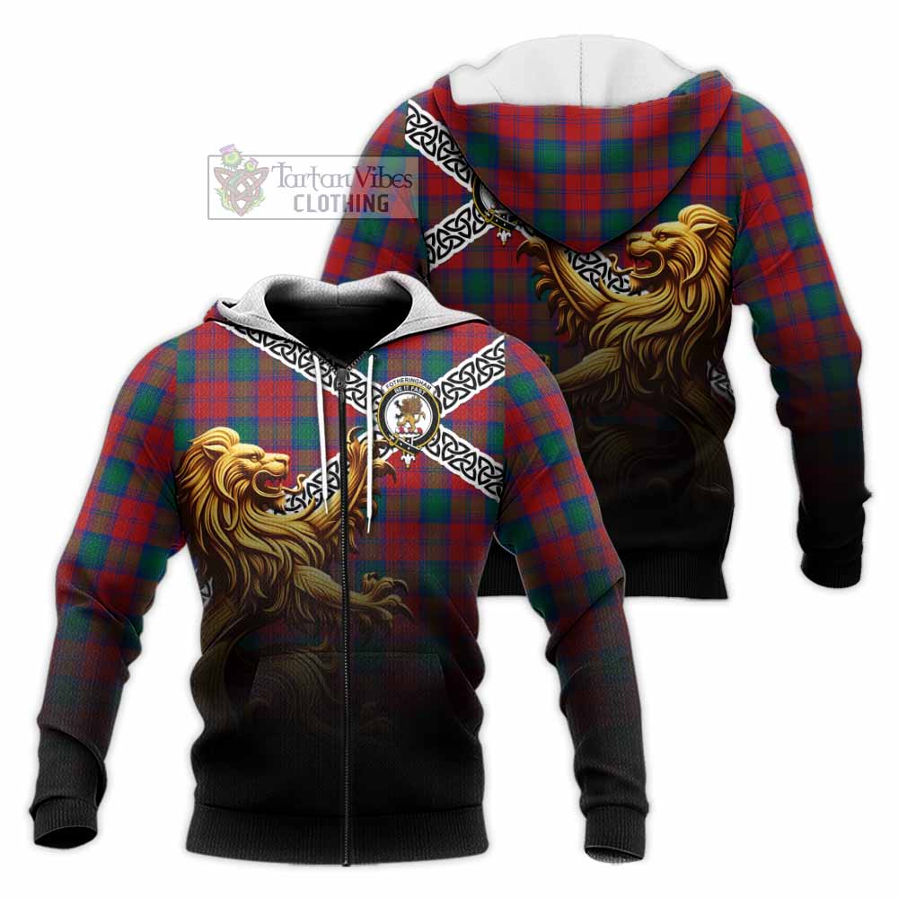 Tartan Vibes Clothing Fotheringham (Fotheringhame) Crest Tartan Knitted Hoodie with Golden Lion Emblem Celtic Style