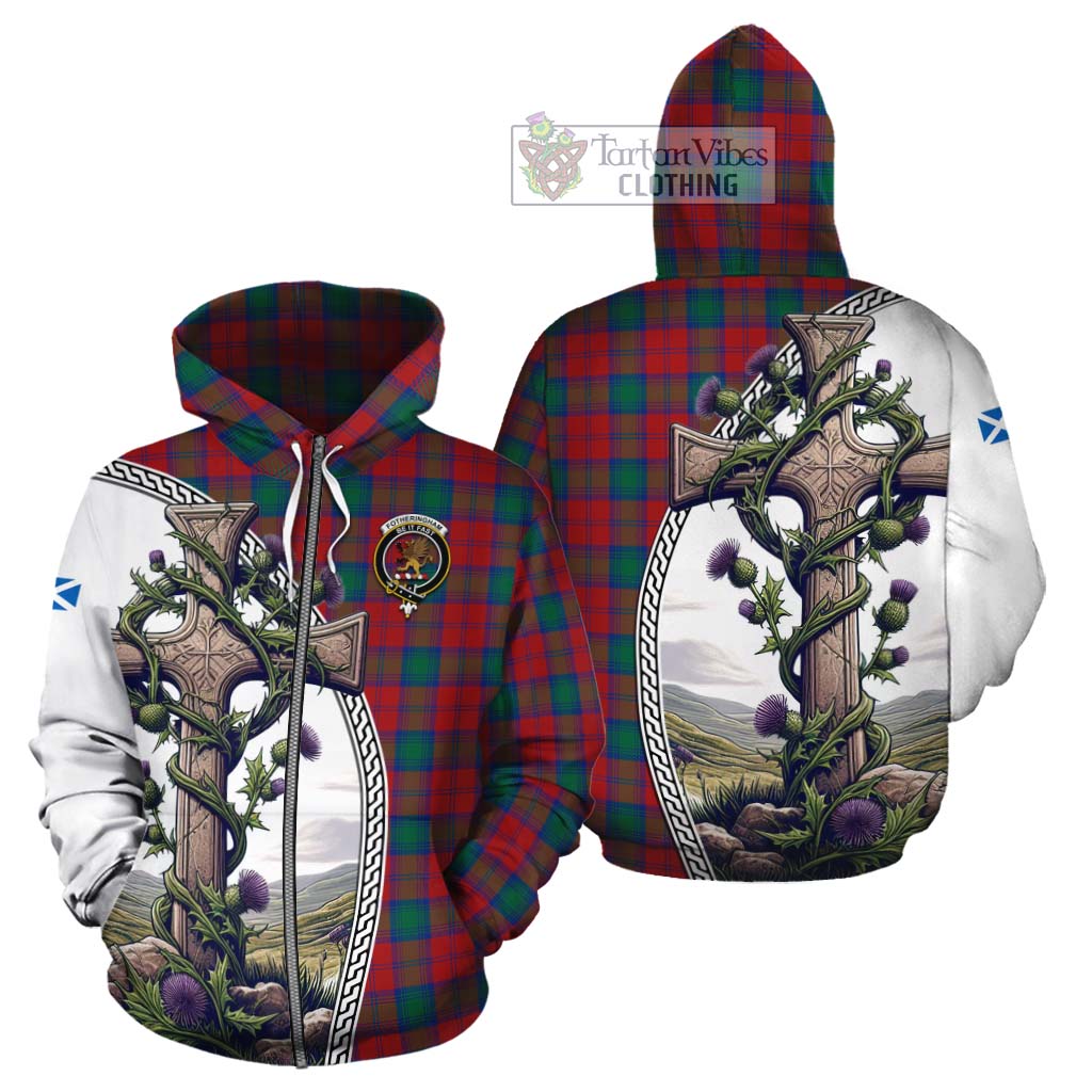 Tartan Vibes Clothing Fotheringham (Fotheringhame) Tartan Cotton Hoodie with Family Crest and St. Andrew's Cross Accented by Thistle Vines