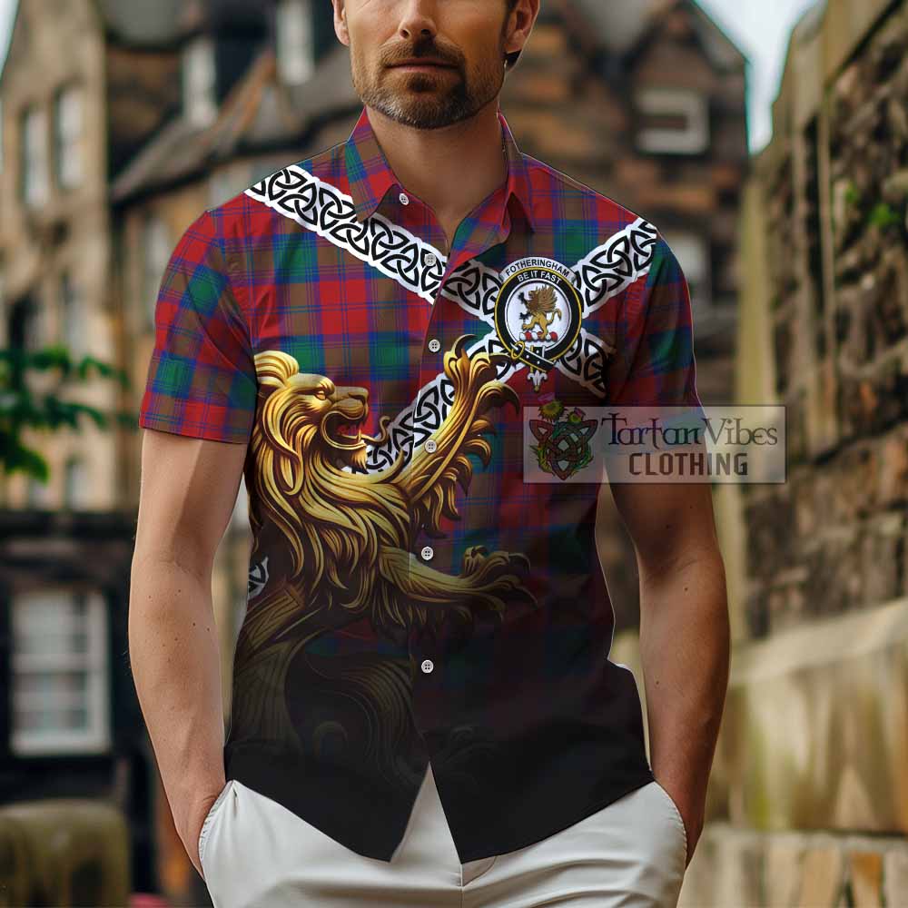 Tartan Vibes Clothing Fotheringham (Fotheringhame) Crest Tartan Short Sleeve Button Shirt with Golden Lion Emblem Celtic Style
