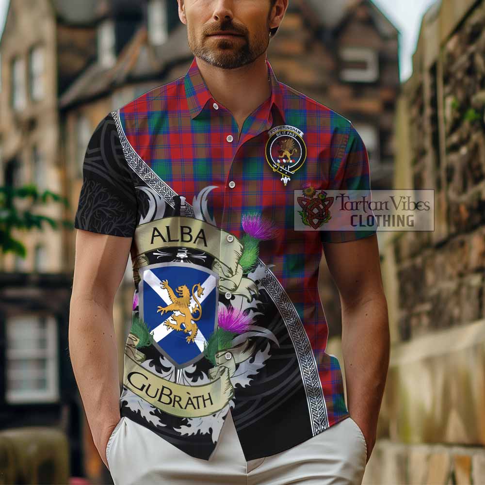 Tartan Vibes Clothing Fotheringham (Fotheringhame) Tartan Family Crest Short Sleeve Button Shirt Lion Rampant Royal Thistle Shield Celtic Inspired